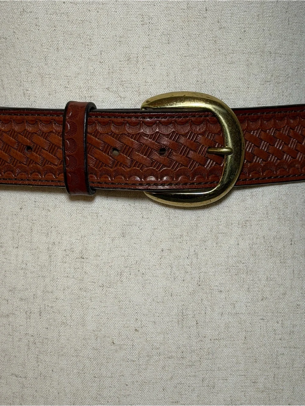 Vintage Strong Tooled Leather Belt 42 Brown Western Brass Buckle USA